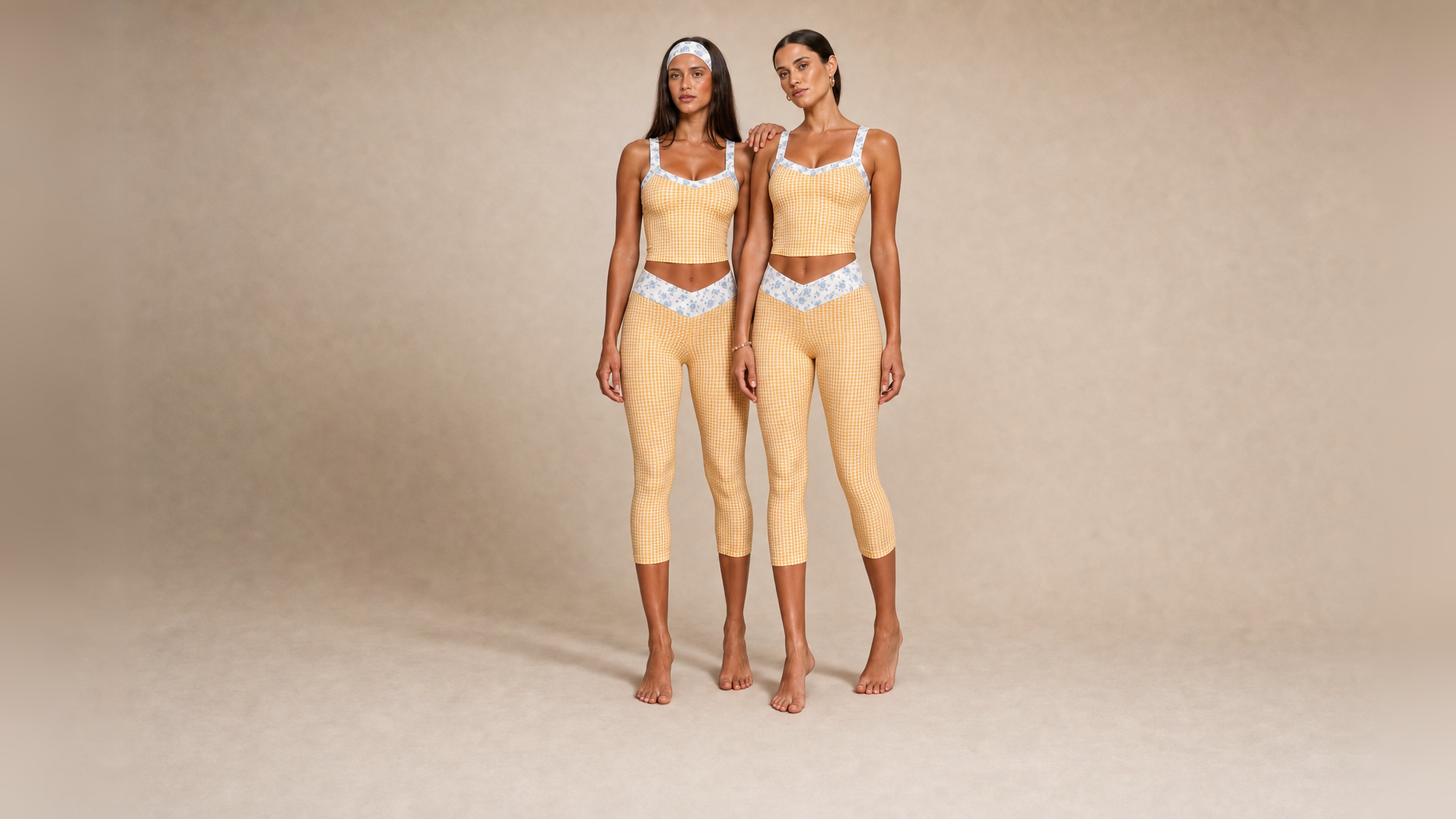 Two models in the Florence Active butter gingham set with matching headband
