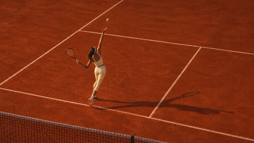 Model in butter gingham serving on a clay court in golden hour light